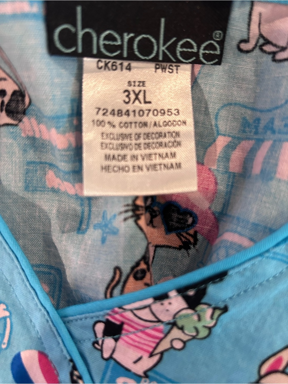 Cherokee Blue and Pink Cartoon Print Scrub Top - Picture 3 of 3